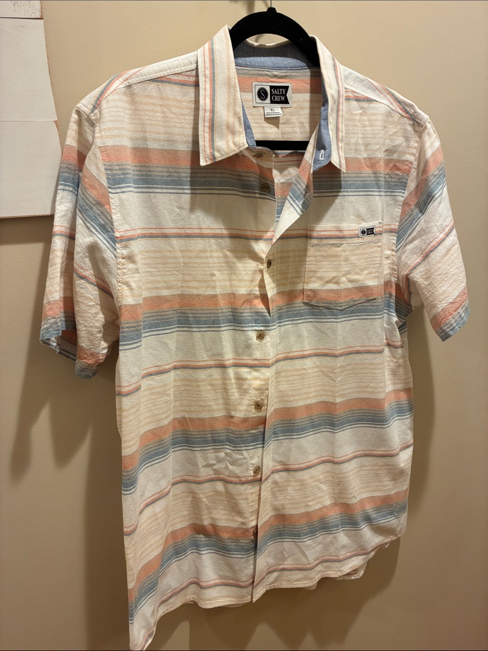 Salty Crew Men's Short Sleeve Stripe Button-Up Shirt in Cream, Blue, and Orange